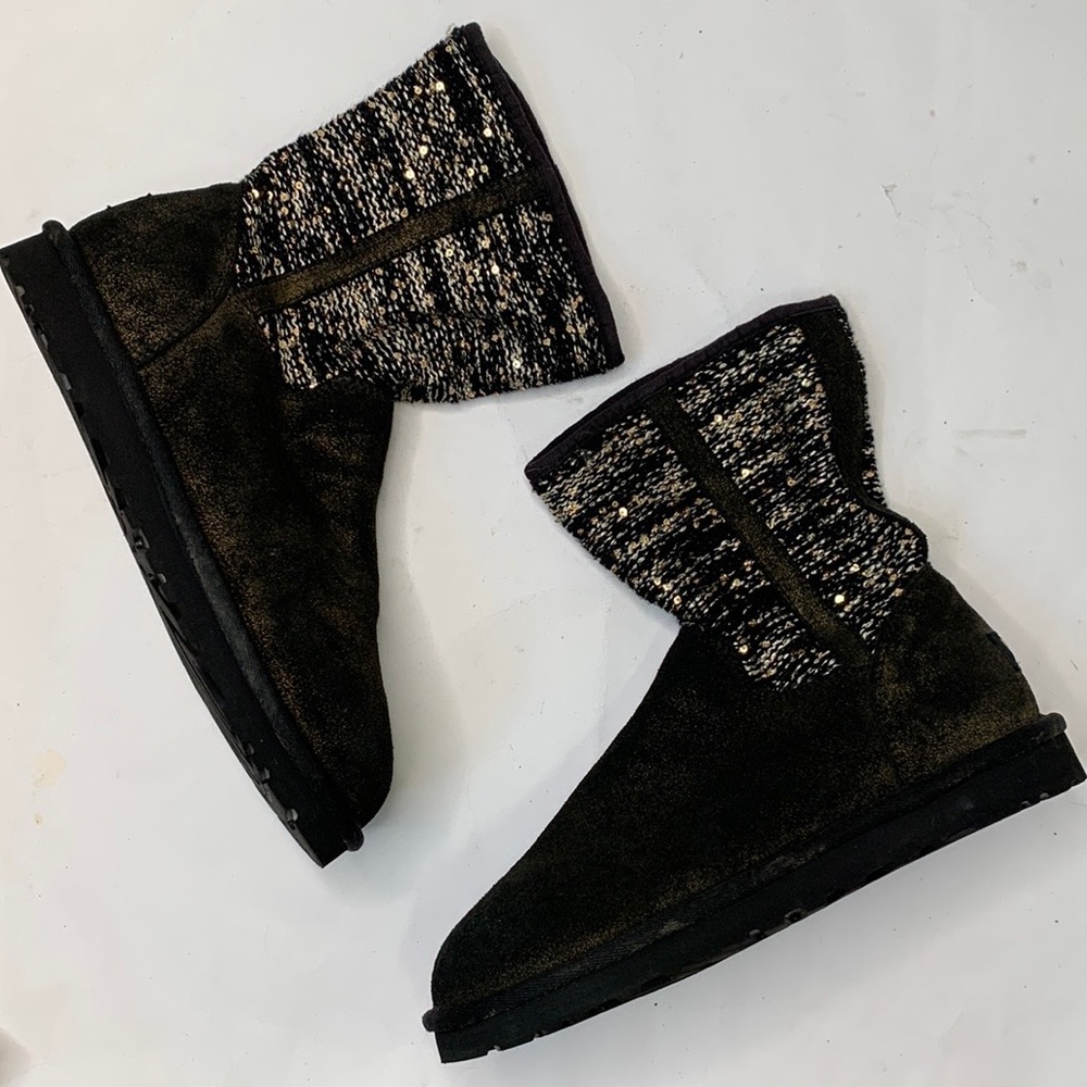 UGG Lyla Classic Leather Knit Sequin Black / Gold Women's Boots S-046 Size 7